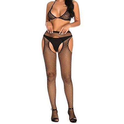 Sparkle Rhinestone Fishnet Bra & High Waist Tights Sparkle Rhinestone Open-Se...